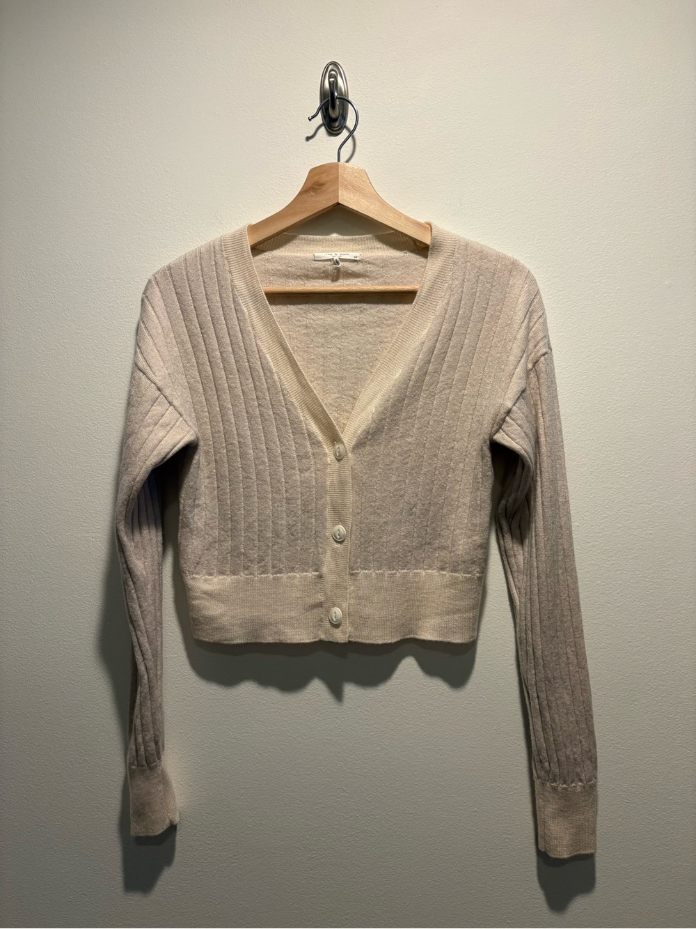 Rag & Bone || Dallyce Cropped Cardigan Ribbed Wool Sweater Beige Cream Small - Picture 2 of 9